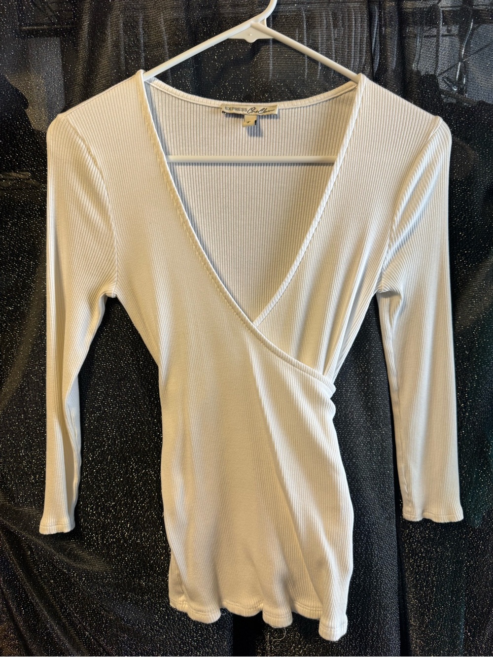 Express Cream Ribbed Wrap-Style Long Sleeve Top